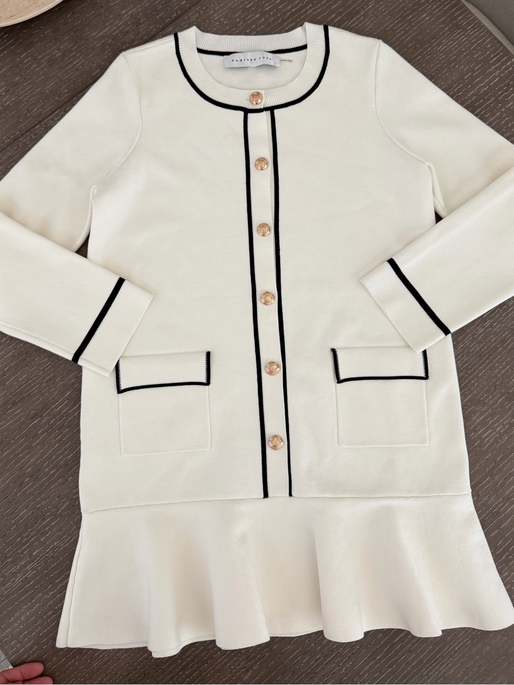 Anthropologie - Endless Rose - white black trim knit sweater ruffle mini dress - Picture 9 of 14